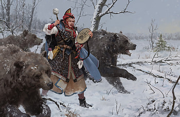 Shaman, winter, animal, art, urs, girl, woman, witch, fantasy, bear, snow, iarna, svetlana kostina HD wallpaper