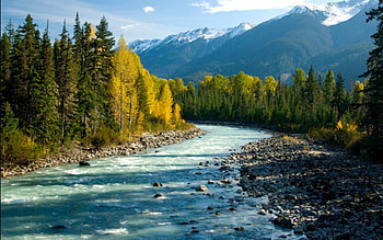 River, trees, sunny day, snow on mountains, moutains HD wallpaper