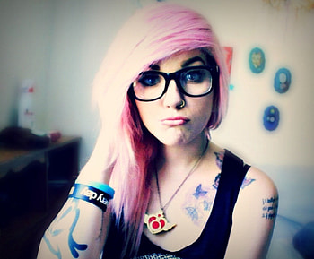 Emo Scene Girl, teen, cute, tattoo, butterfly, emo, glasses, adorable, female, model, scene, frame, girl, beautiful, random, people, pink, hair HD wallpaper