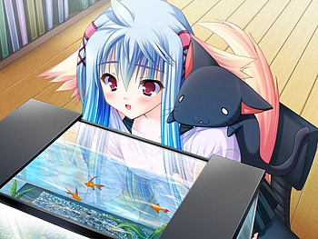Girl staring at fish, red eyes, girl, blue hair, pet HD wallpaper