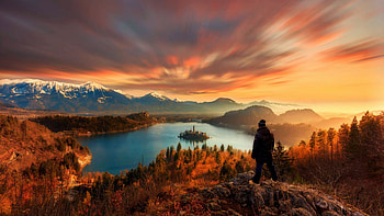 Sunset at Lake Bled, mountains, island, clouds, landscape, trees, sky HD wallpaper