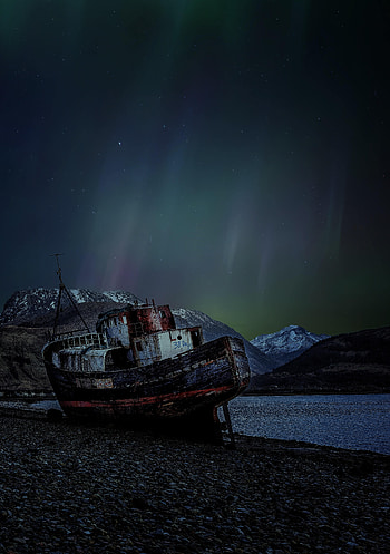 Nature, Northern Lights, Aurora Borealis, Ship, Rusty HD phone wallpaper