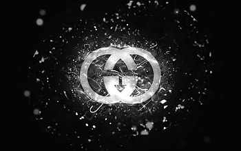 Gucci white logo, , white neon lights, creative, black abstract background, Gucci logo, brands, Gucci HD wallpaper