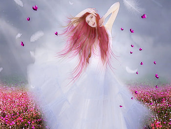 rain of hearts, girl, flowers, heart HD wallpaper