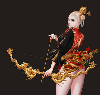 Archer, frumusete, black, asian, blonde, girl, fantasy, red, luminos HD wallpaper