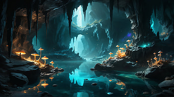 Fungal Cavern, cavern, mushroom, fantasy HD wallpaper
