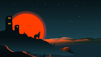 Wolf Moon Silhouette Building Starry Sky Background Minimalism HD wallpaper