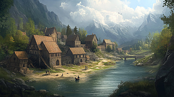 Medieval Village by the River with Mountain Scenery, village, river, mountain, medieval, medieval village HD wallpaper