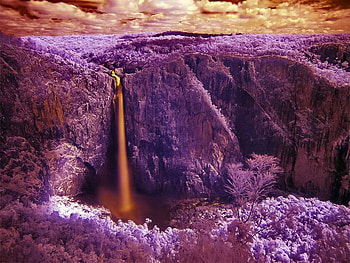 Waterfall, purple, slope, fall, clouds, sky, beautiful, high HD wallpaper