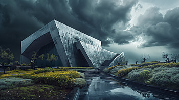 Futuristic Architecture Amidst Stormy Clouds and Lush Foliage -, architecture, cloud, foliage HD wallpaper