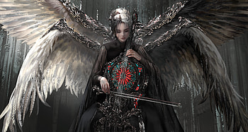 fantasy art work, wings, playing, angel, girl, violin, woman HD wallpaper