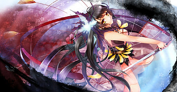 Karara, breasts, sexy, sword, hot, black hair, long hair, dress, flower hair, anime girl, cool, katana, blood, female HD wallpaper