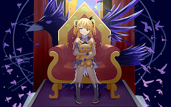 Girl with Teddy Bear, Teddy bear, crow, anime, Genshin Impact, throne, girl HD wallpaper
