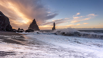 Iceland, Nature, Sunset, Surf, Atlantic Ocean, Vic HD wallpaper