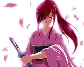 Erza, pink, kimono, sword, anime, fairy tail, art, cool HD wallpaper