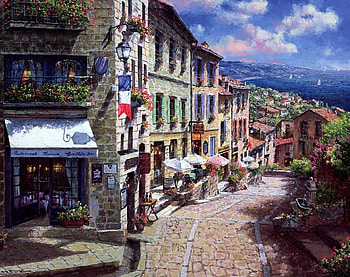 Flowers, Houses, Art, Sea, , France, Lantern, Lamp, Street, Flag, Balconies, Restaurant, Town, Sailboats, Umbrellas, Mostovaya, Pavement HD wallpaper