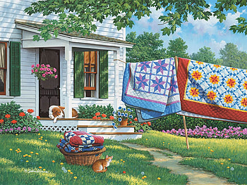 Calico Country, dog, painting, house, garden, cat, flowers, tree HD wallpaper