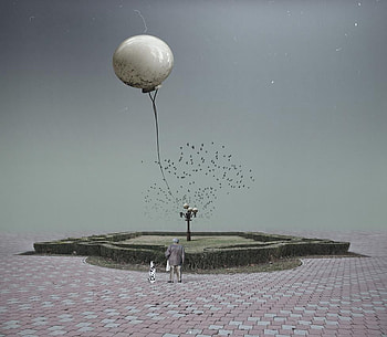 A strange morning, abstract, graphy, cross, man, balloon, tree HD wallpaper