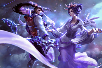 Fantasy couple, blue, change, man, girl, goddess, bunny, purple, moon, fantasy, league of legends, game, chang e, luna, couple HD wallpaper