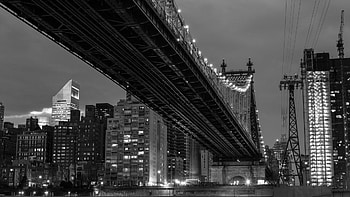 under the 59th street bridge in nyc, night, river, city, lights, black and white, bridge, tram HD wallpaper