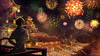 Fireworks Zhongli Dark Background Genshin Impact HD wallpaper