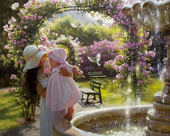 Happy Motherhood, chair, sunny, fountain, mother, happy, beautiful, park, daughter HD wallpaper