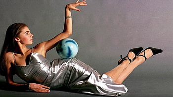 ALINA KABAEVA, silver dress, jewelry, black heels, brunette, posing with pale blue ball HD wallpaper