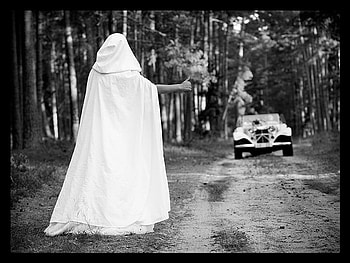 I Might Come See You Tonight, black and white, car, road, beautiful, forest, woman HD wallpaper