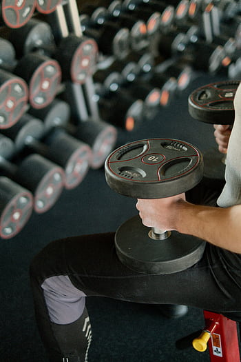A person lifting dumbbells while sitting on a bench in a modern gym setting. HD phone wallpaper