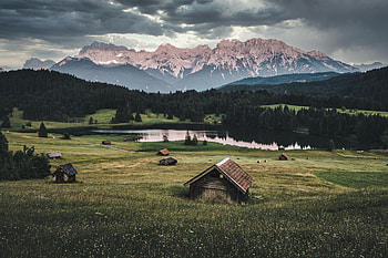 Nature, Houses, Mountains, Lake, Lawn, Small Houses HD wallpaper