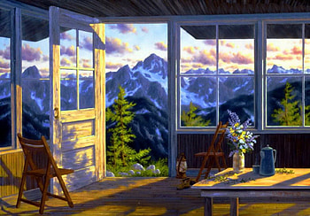 View to the mountain, wooden, rays, sunlight, glow, peaks, nice, painting, door, shine, trees, greenery, amazing, sun, slopes, window, landscape, gorgeous, villa, beautiful, summer, rest, pretty, light, view, clouds, nature, sky, flowers, lovely, forest, village HD wallpaper