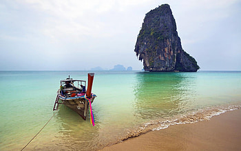 powered canoe in a southeast asian beaxh, boat, mouments, bay, rocks, beach HD wallpaper
