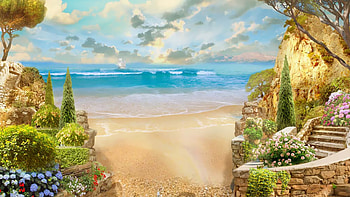 Subtle Seaside, sea, ship, sand, floral, Firefox Persona theme, beach, summer, stairs, flowers, romantic HD wallpaper