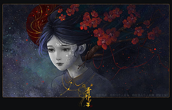 Girl, lunamoom, fantasy, art, red, flower, face, luminos, dark HD wallpaper