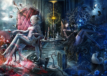 White witch, dark witch, blue, white, girl, cat, dark, witch, pisica, halloween, pink, anime, fantasy, couple, luminos, manga HD wallpaper