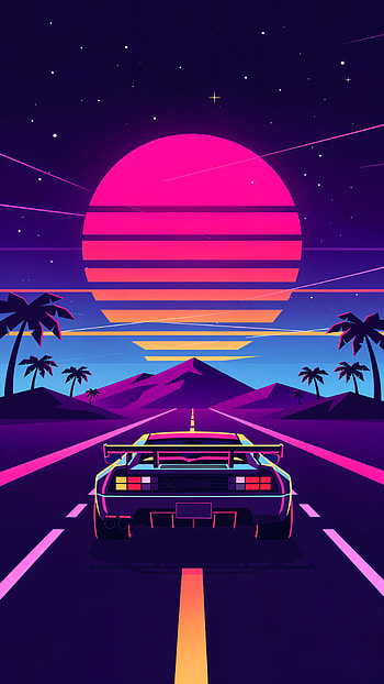 Outrun Neon Sunset — Retro , sports car, synthwave, road HD phone wallpaper
