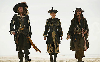 Barbossa, Jack Sparrow, Elizabeth Swann, Movie scene HD wallpaper