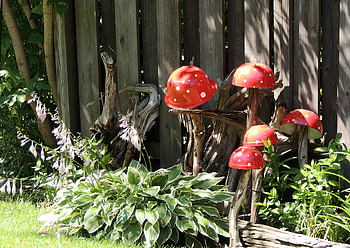 Garden Of Flowers And Mushrooms, graphy, Mushrooms, Red, Fence, Flowers, Nature HD wallpaper