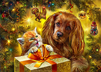 Holiday Surprise, dog, parcel, painting, kitty, christmas, gifts HD wallpaper