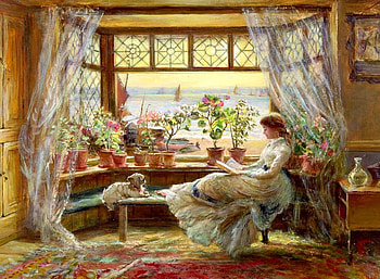 Reading by the Window, redaing, art, painting, fantasy, , beautiful, girl, woman HD wallpaper