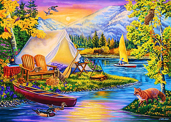 Camping Out, river, boat, art, fox, chairs, ducks, digital, trees, tent HD wallpaper
