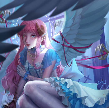 Angel, xiximie, blue, pink, fantasy, art, girl HD wallpaper