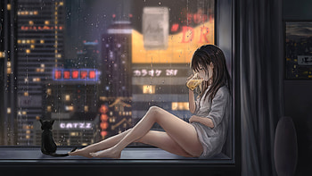 Anime Girl Cat Raining , anime-girl, anime, artist, artwork, digital-art HD wallpaper