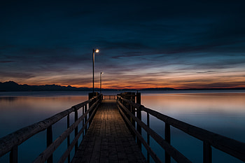 Nature, Water, Twilight, Lights, Pier, Wood, Wooden, Lanterns, Dusk, Evening HD wallpaper