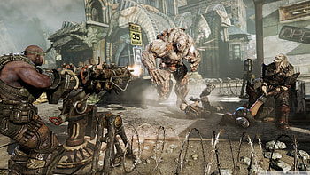 In High Priority, gear of war, fighting, wide, enemy, machine gun, fight, demon, thriller, microsoft, adventure, action, video game, weapon, , fire HD wallpaper