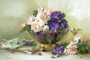 Flowers, artwork, still life, book, bouquet, roses, painting, hydrangea HD wallpaper