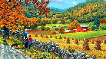 The work is done, straw, barn, hills, man, meadow, stones, painting, boy, trees, autumn HD wallpaper