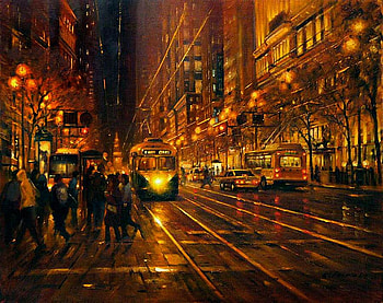 Po Pin Lin. - Night lights on Market st., night, po pin lin, painting, art, light, street, building HD wallpaper