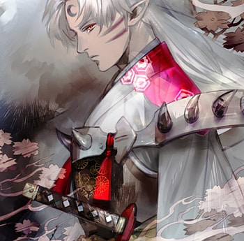Seshomaru, white, kimono, sword, art, man, beautiful, long hair, wolf, beauty, demon, anime, white hair, red, cherry blossom, flowers, katana HD wallpaper