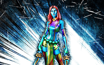 Holo Foil Mystique, grunge art, Fortnite Battle Royale, Fortnite characters, blue abstract rays, Holo Foil Mystique Skin, Fortnite, Holo Foil Mystique Fortnite HD wallpaper